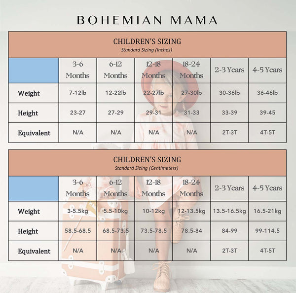 Bohemian Mama Size Guide - Children's Apparel