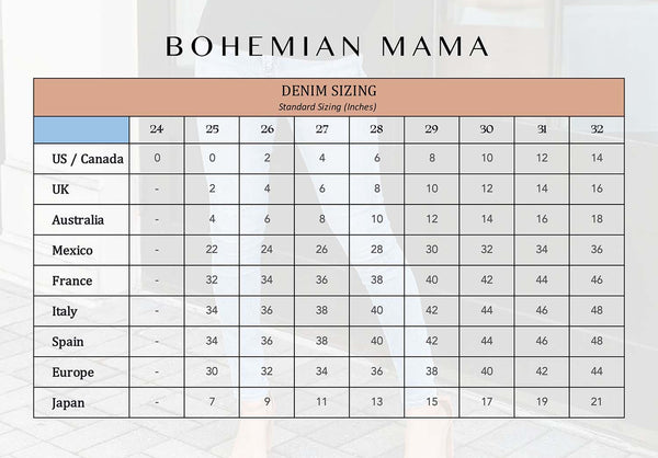 Bohemian Mama Size Guide - Women's Denim