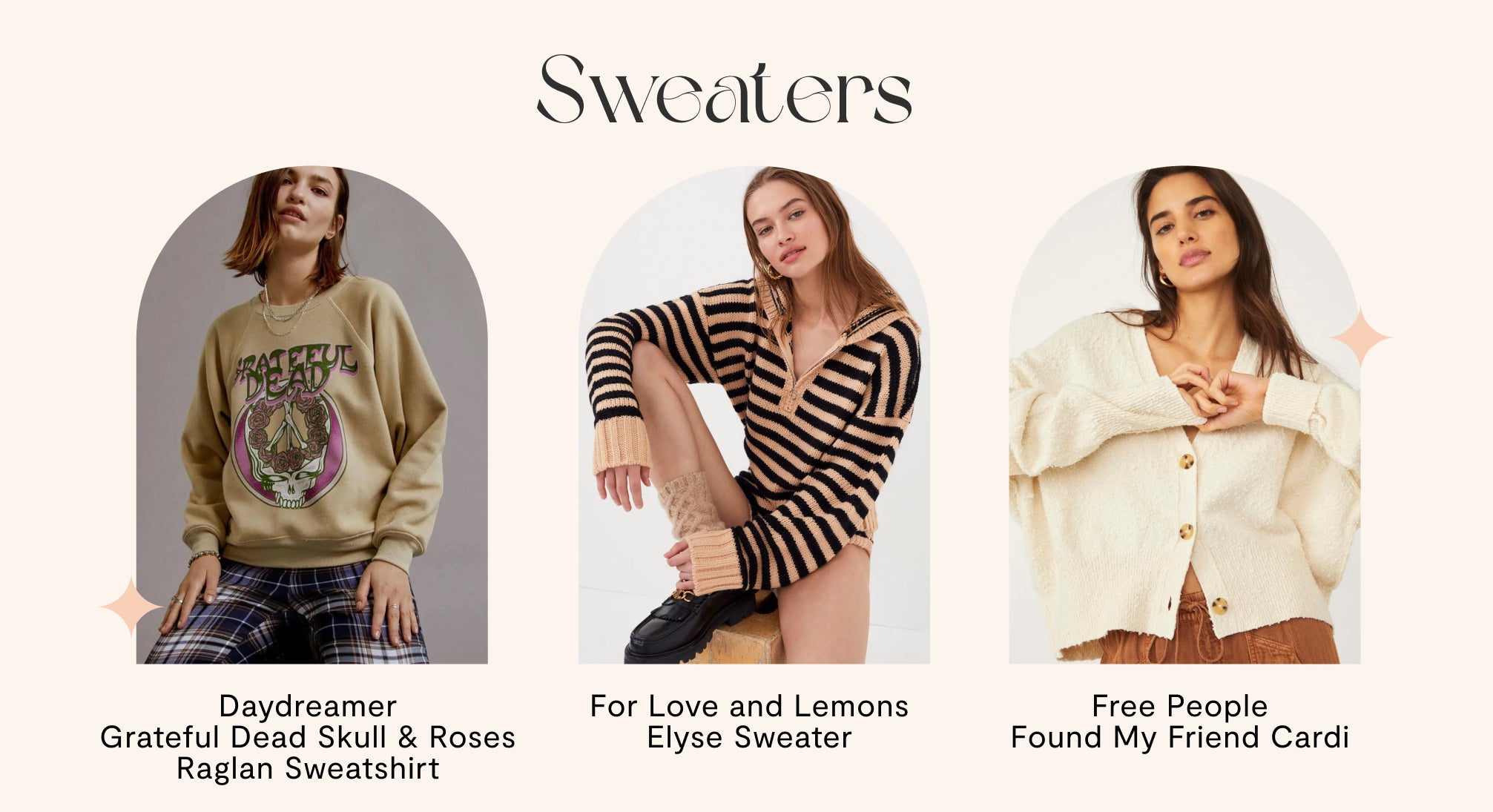 Fall Sweaters - 3 Images: Graphic sweater, stripe sweater, button up cardigan