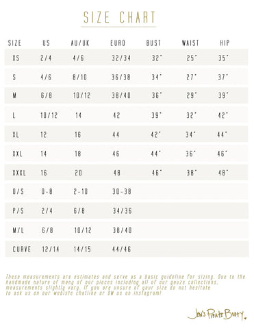 JPB Size Chart