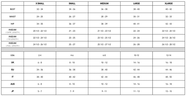 Electric & Rose - size chart