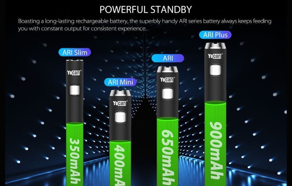 11 Yocan ARI 510 Cart Pen (ARI Basic, ARI+ Plus, ARI Slim, ARI Mini) On Mind Vapes Different Battery Capacities