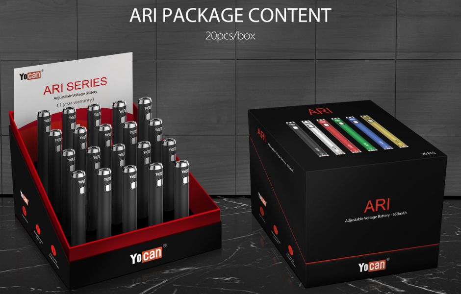 14 Yocan ARI 510 Cart Pen (ARI Basic, ARI+ Plus, ARI Slim, ARI Mini) On Mind Vapes Ari Original Box