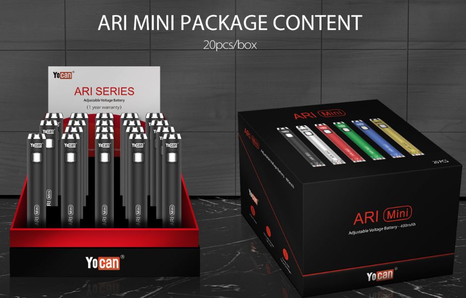 17 Yocan ARI 510 Cart Pen (ARI Basic, ARI+ Plus, ARI Slim, ARI Mini) On Mind Vapes Ari Mini Box