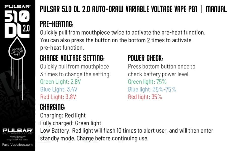 3 Pulsar DL 2.0 510 Thread Battery on Mind Vapes Variable Voltage Settings