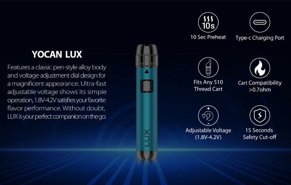 3 Yocan Lux Cart Pen Battery (New Wulf Mods Colors) New Items for Lux Series for Mind Vapes Major Specifications