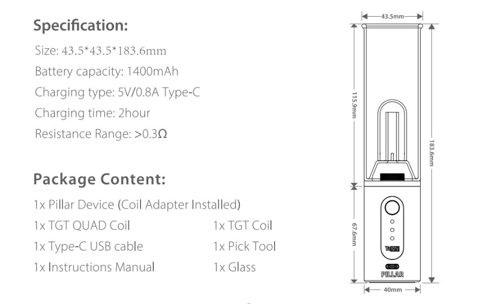 3 Yocan Pillar Mini e-Rig on Mind Vapes User Manual Specifications and Package Contents