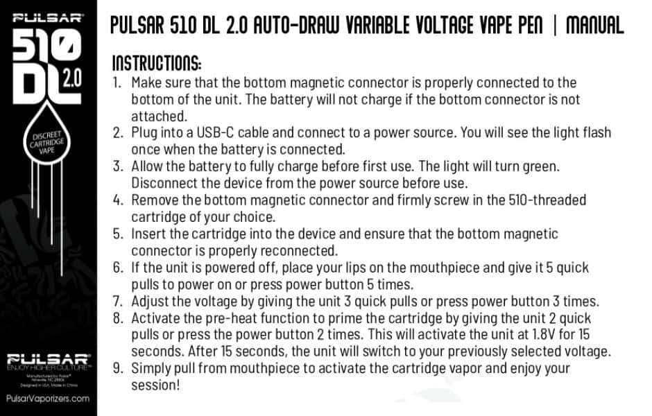 6 Pulsar DL 2.0 510 Thread Battery on Mind Vapes How to Use User Manual