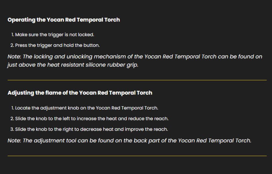 Page 1 Yocan Red Temporal Torch User Manual on Mind Vapes How to Adjust the Flame