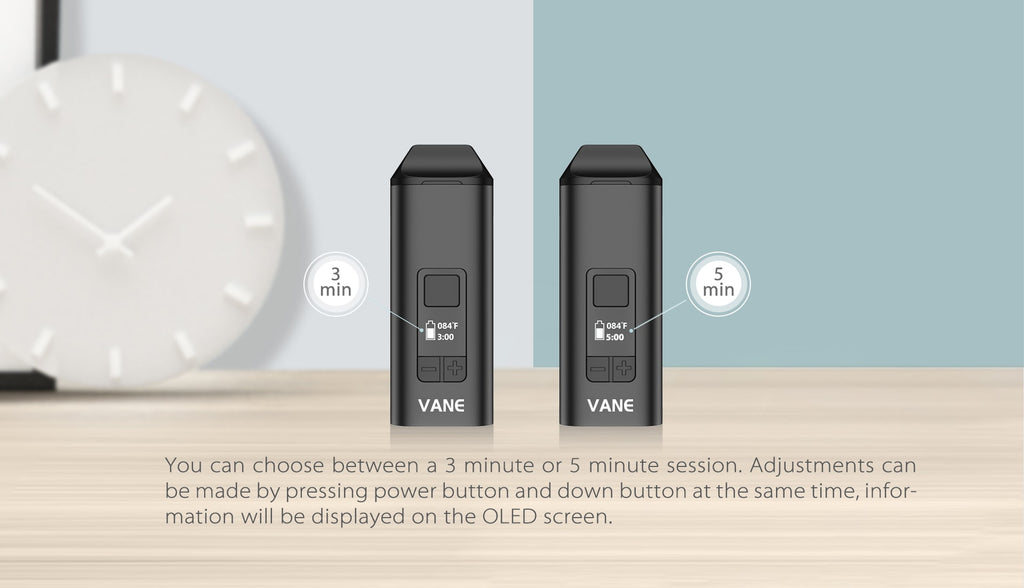 Yocan Vane has session time settings, either 3 mins or 5 mins