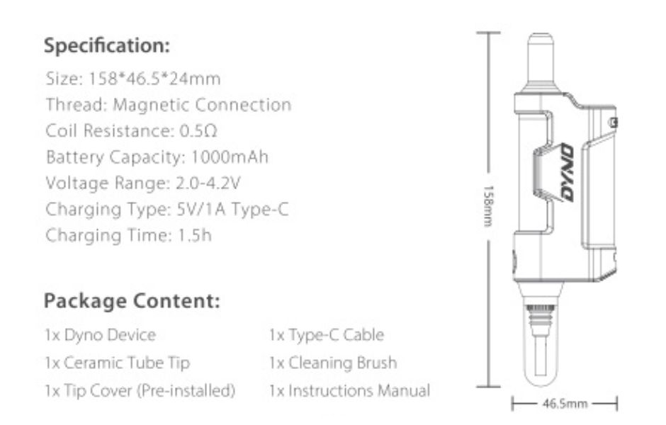 Yocan Dyno User Manual Page 3 Specs and Inclusions