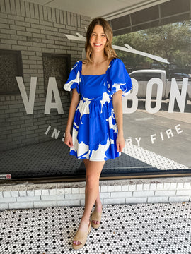 Yardley Floral Marion Puff Sleeve Mini Dress- White/Blue