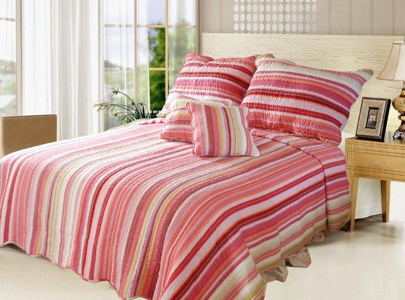 Lovely Stunning Stripes Red Pink Reversible Quilted Coverlet