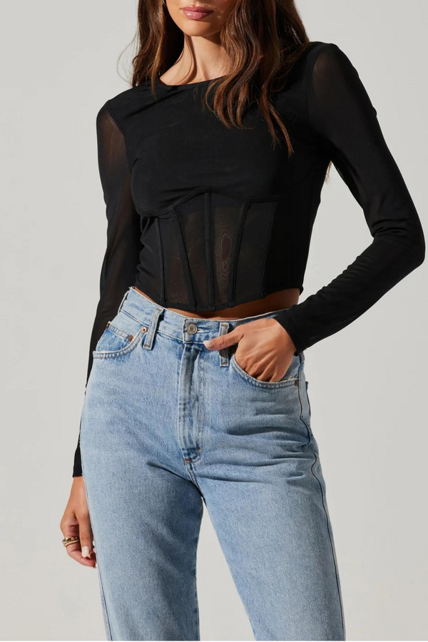 Astra Embellished Sleeve Corset Crop Top in Black