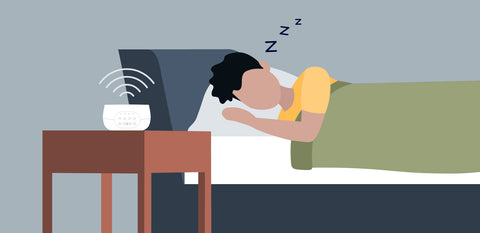 graphic of man asleep in bed with a white noise machine on the bedside table
