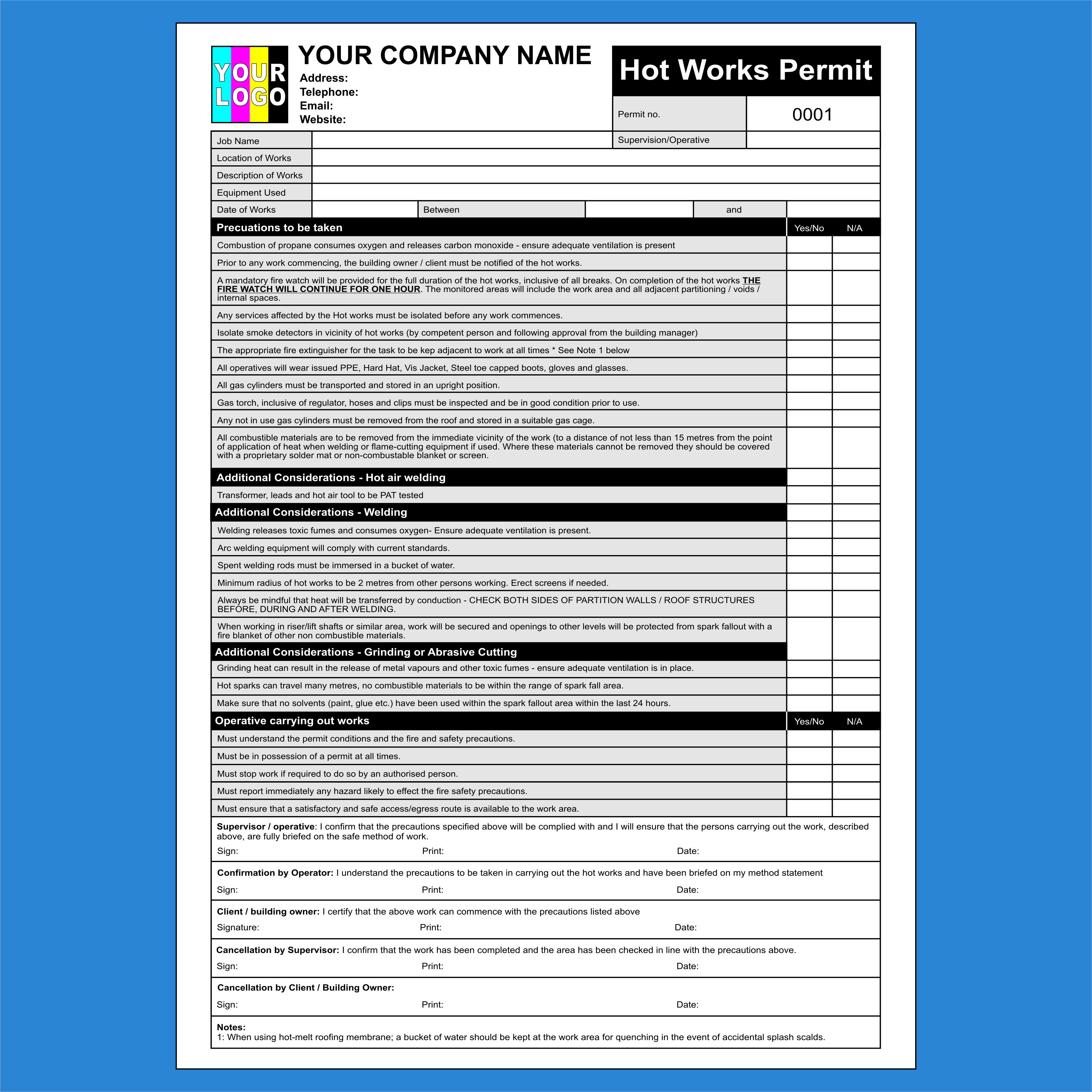Hot Work Permit to Work NCR Pads Printing (FREE Template)