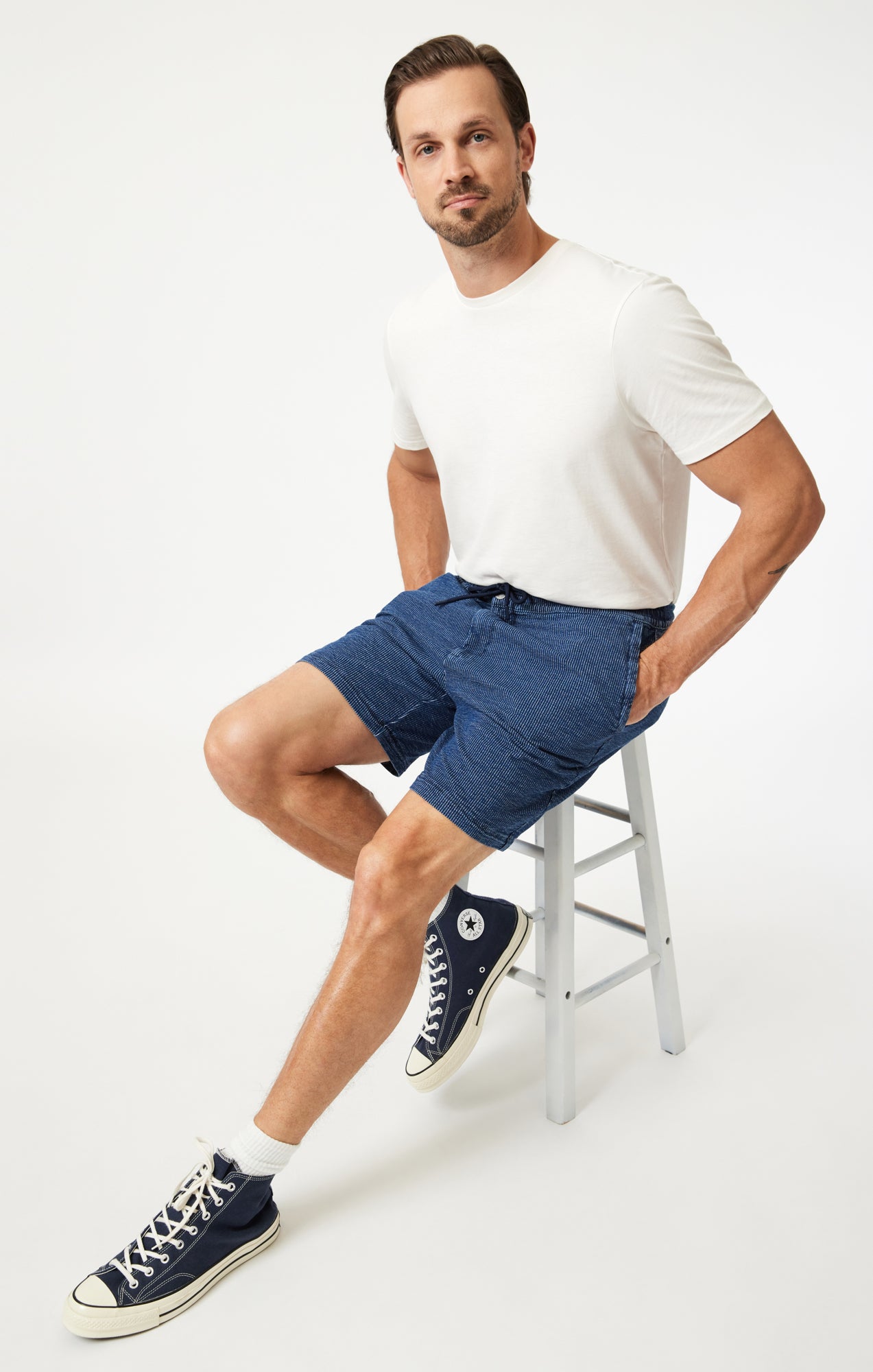 Shop Mavi Clint Jogger Shorts In Dark Stripe Athletic In Dark Blue