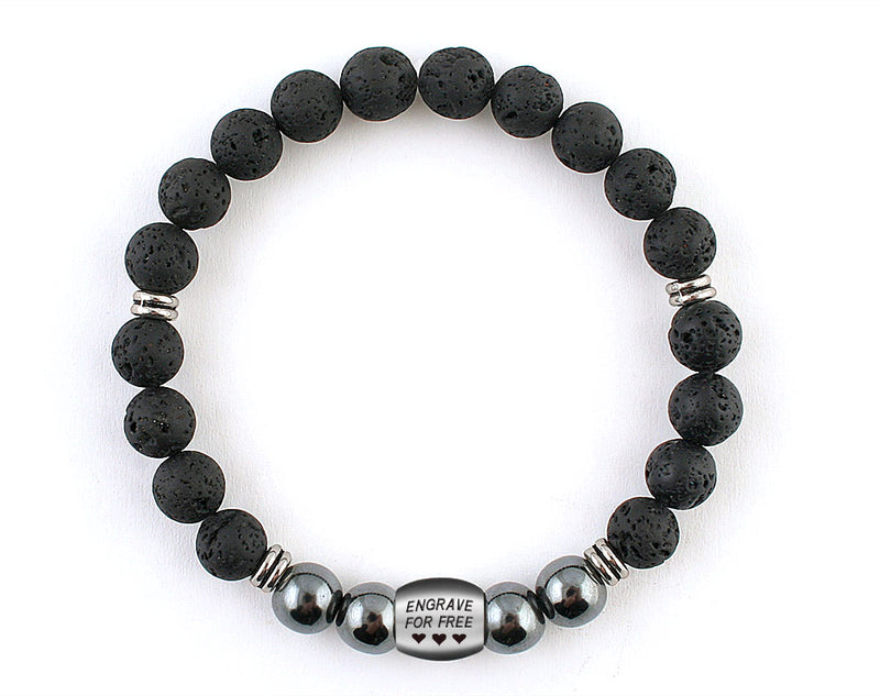 men’s personalized bracelet with hematite and black volcanic stone beads