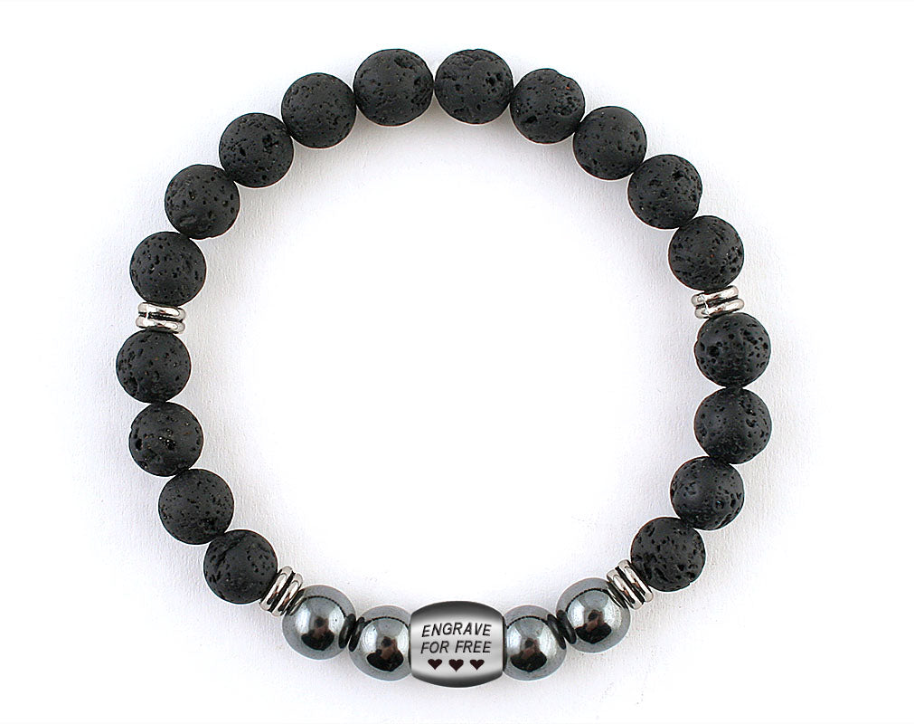 This men’s bracelet made with natural 8 mm black lava beads