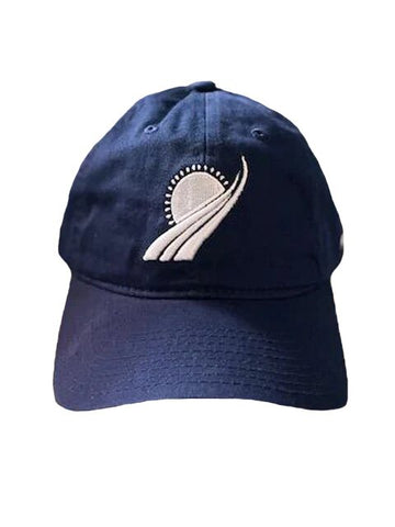 A blue cap with an embroidered logo