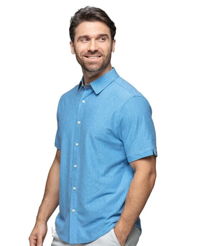 Man wearing a blue short-sleeve shirt