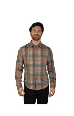 A man in a copper checkered long-sleeve shirt