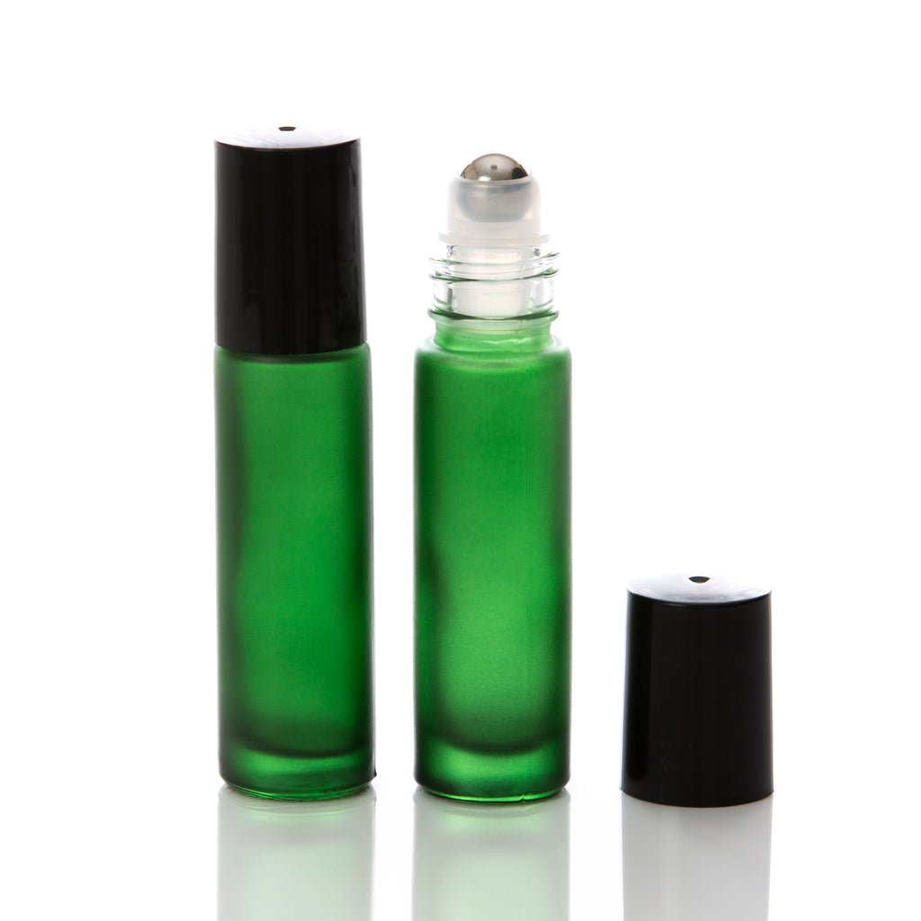 Download 10 ml Green Frosted Glass Rollerball Bottle with Black Cap - Voyageur Soap & Candle