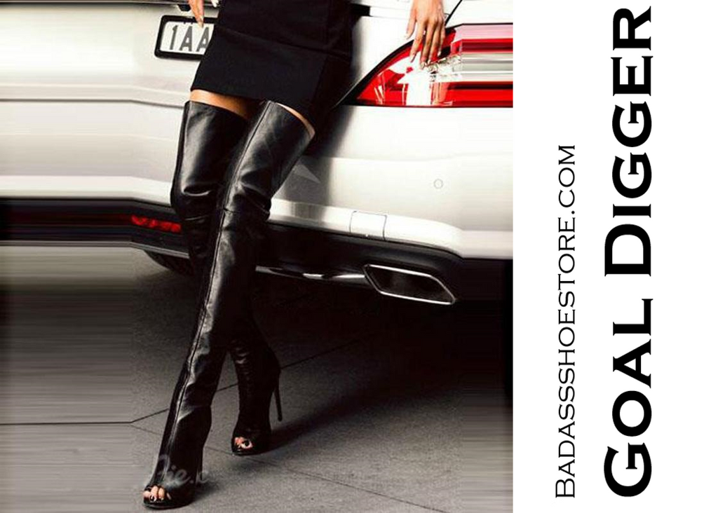 open toe black knee high boots