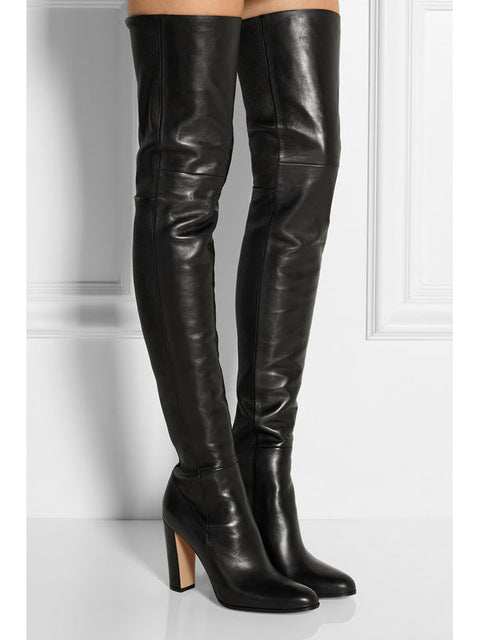 black leather high heel thigh high boots