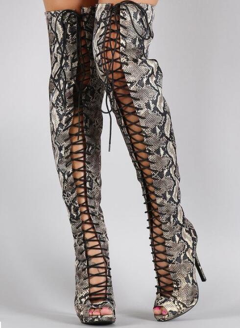 snakeskin thigh boots