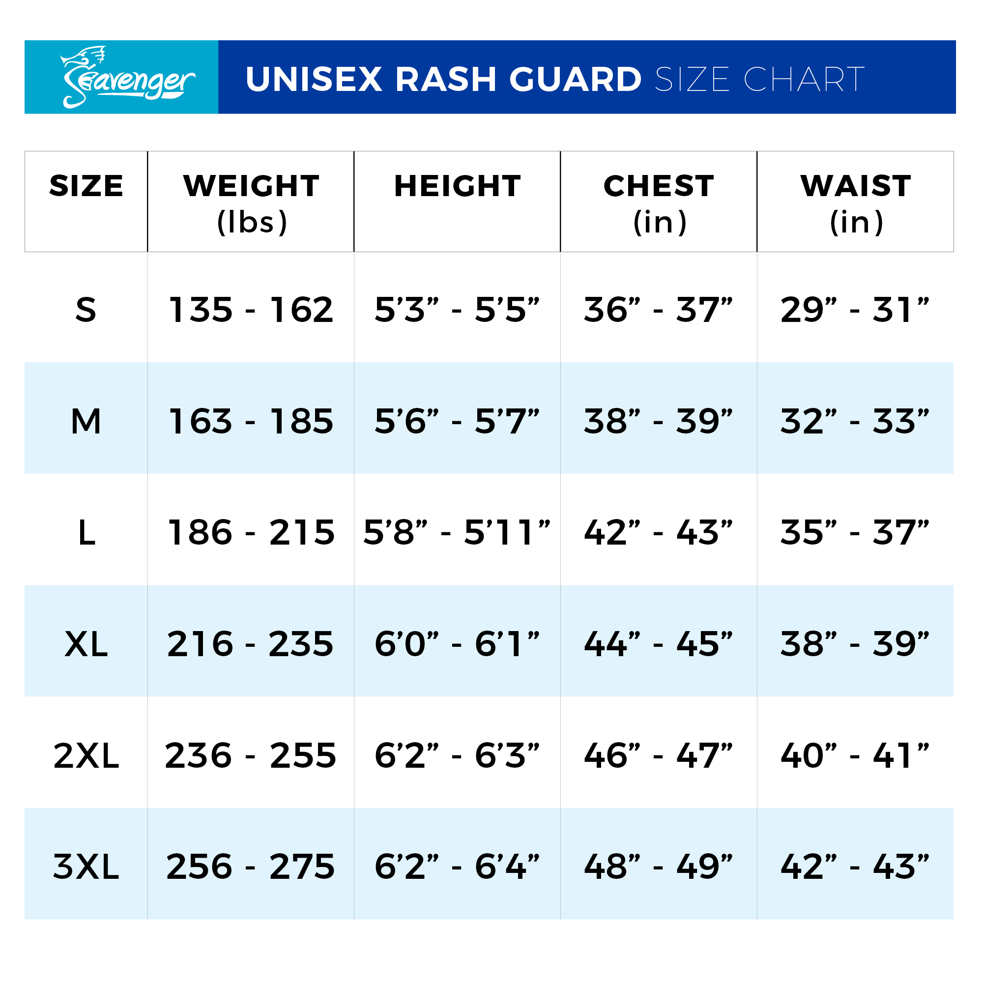Seavenger Trekker Unisex Rash Guard Size Chart