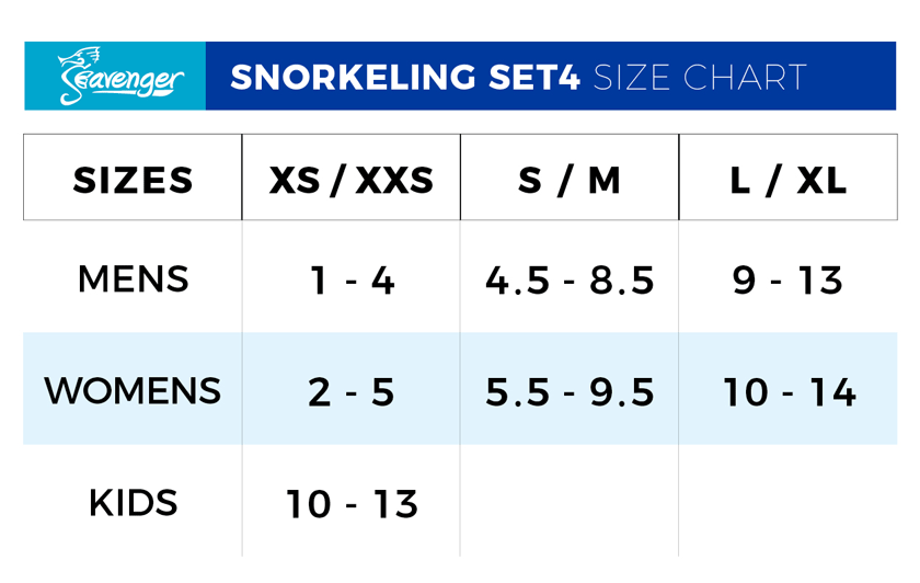 Seavenger Snorkel Set Size Chart
