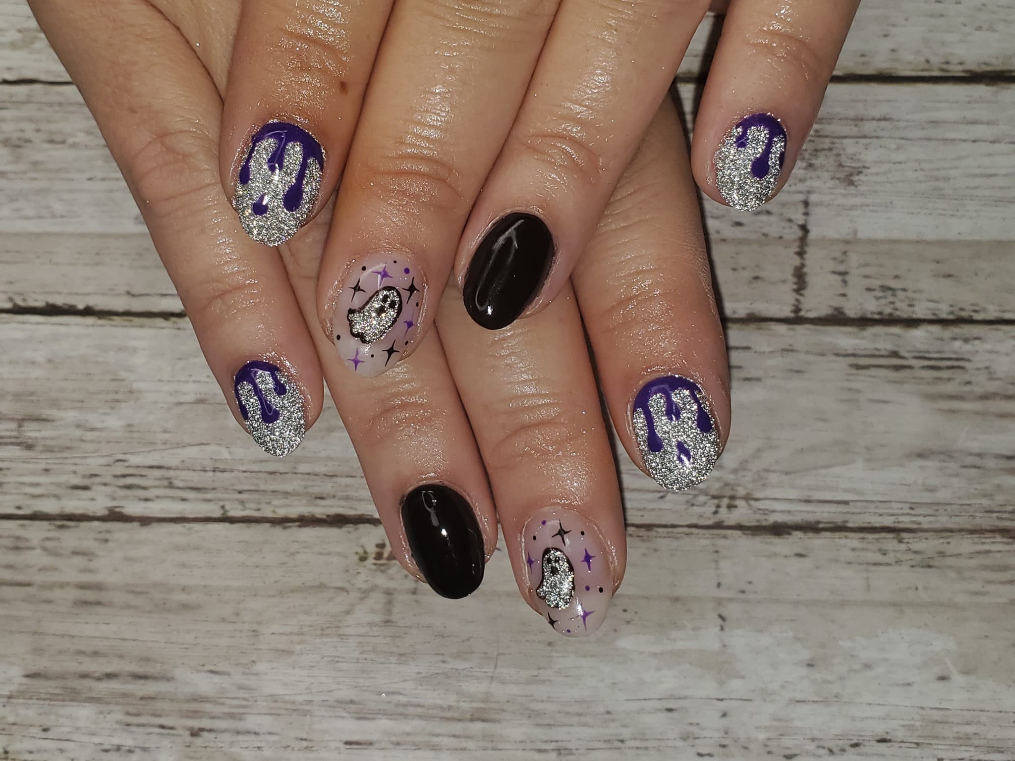 Spooky Halloween Nails With Ghost And Drip Silver Reflective Glitter, Black Polish, Purple Drip Ghost Nail Art Nails