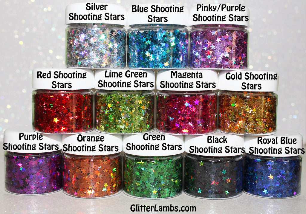 Glitter Lambs Holographic Shooting Stars Body, Hair, Skin Glitter Pots GlitterLambs.com Red Stars, Blue Stars, Black Stars, Green Stars, Gold Stars, Silver Stars