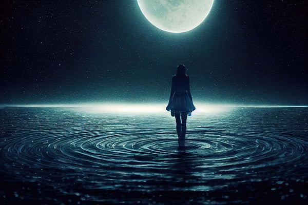 woman standing in water under a full moon and starry sky