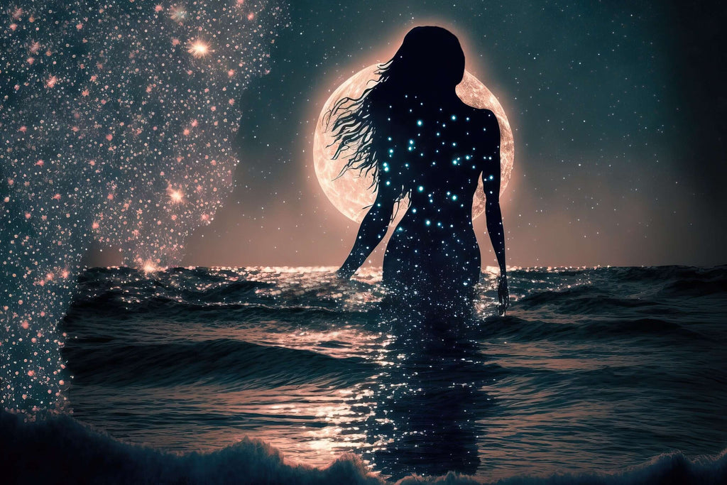 ethereal woman in water with a full moon behind her