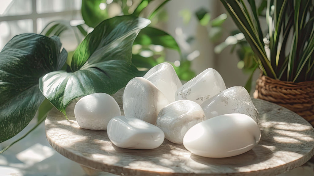 white healing crystals on a table