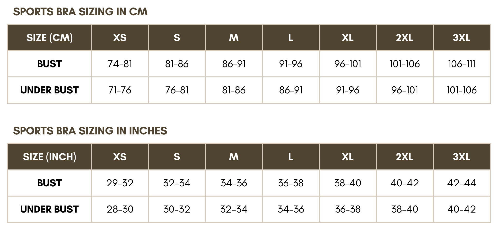 Sports Bra size chart CM & INCHES_Active by GS