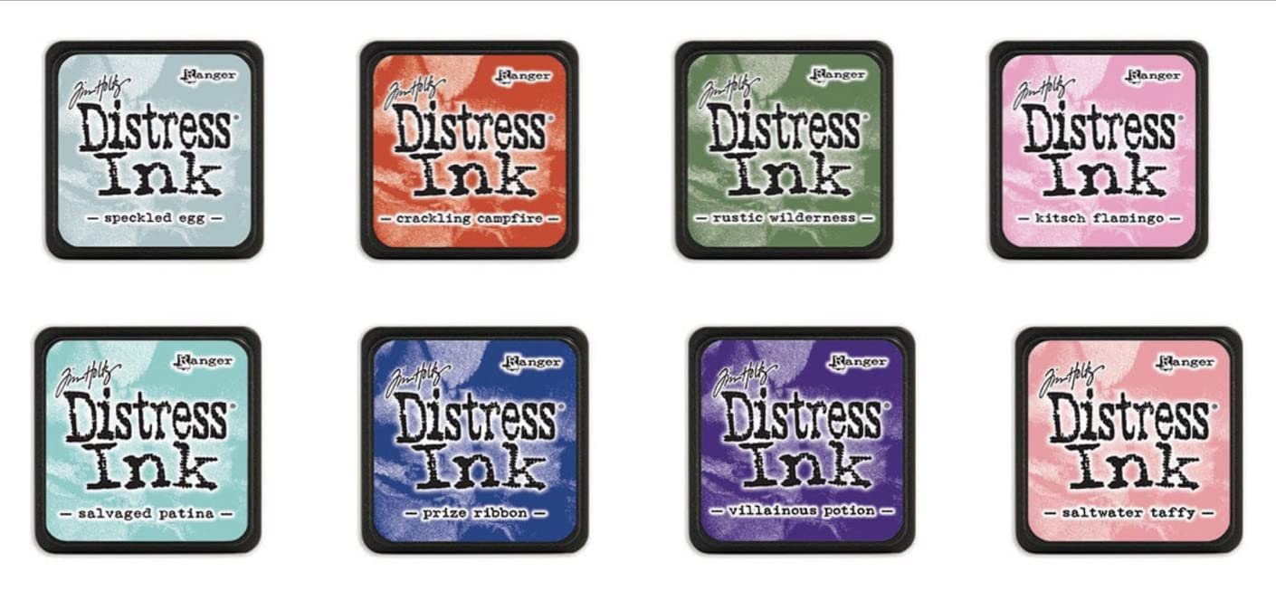 Mini Distress Ink Pads- Bundle of 8 Tim Holtz Saltwater Taffy, Speckled Egg, Crackling Campfire, Rustic Wilderness, Kitsch Flamingo, Salvaged Patina, Prize Ribbon, Villainous Potion Tim Holtz Ranger