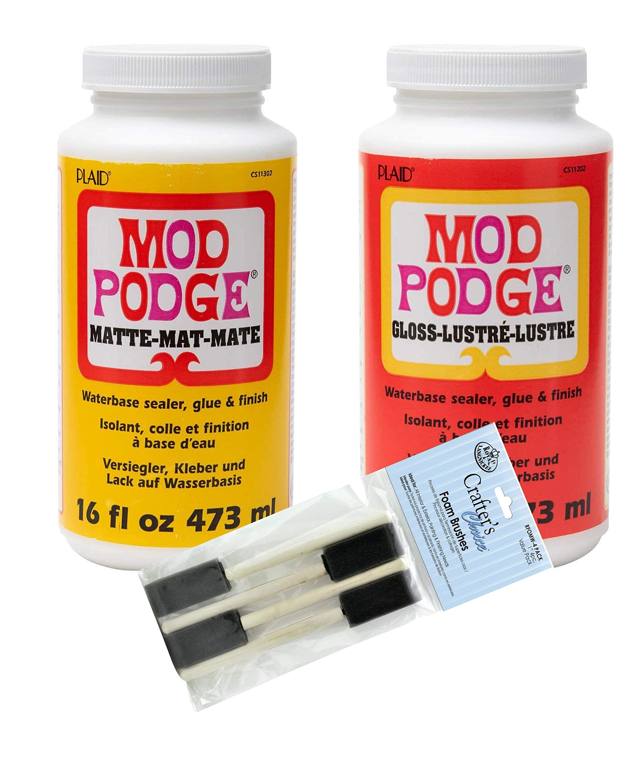Complete Decoupage Kit - Two 16oz Bottles of Mod Podge Waterbase Sealer/Glue/Finish (Matte Finish + Gloss Finish) with 4-pk Foam Brush Set