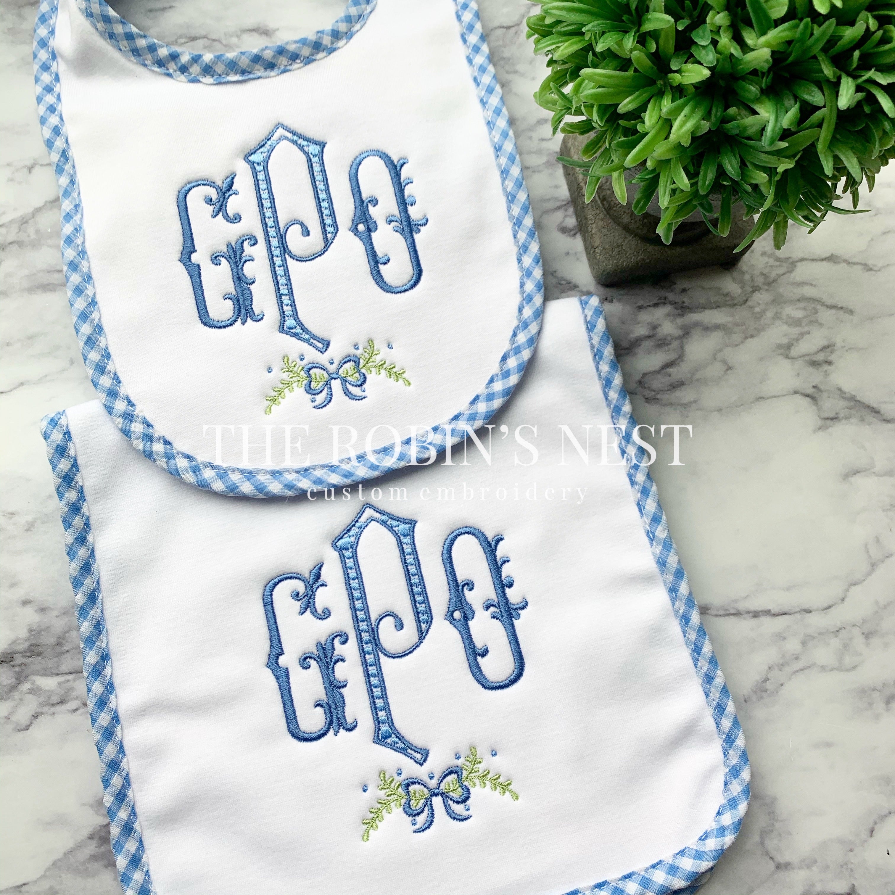 Blue Gingham Bib & Burp Cloth with Monogram