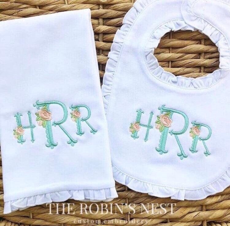 Ruffle Bib and Burp Cloth Heirloom Monogrammed Embroidery Baby Girl ...