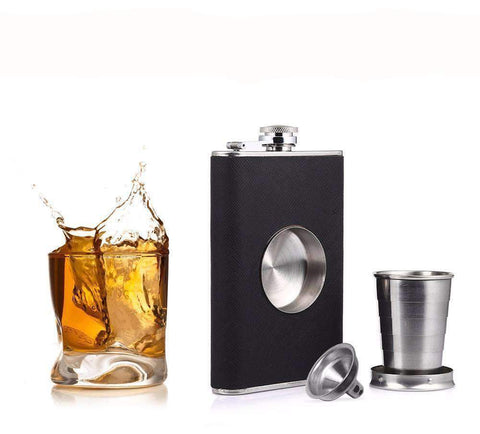Stainless Steel Flask With Inset Collapsible Cup Hinged Screw Down Cap & Funnel