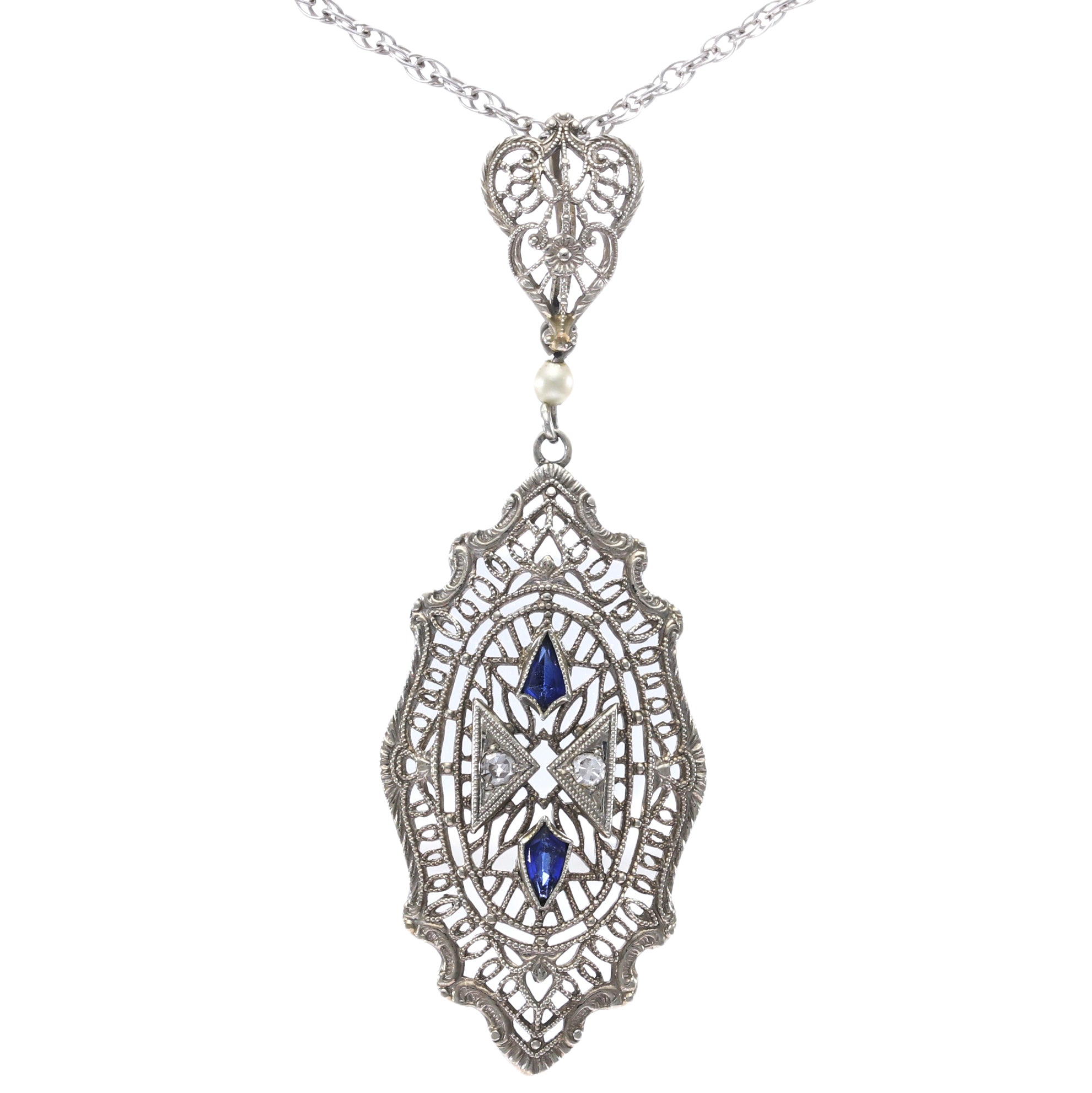 Pearl Sapphire Diamond Pendant Necklace 14k White Gold Filigree Antique Art Deco