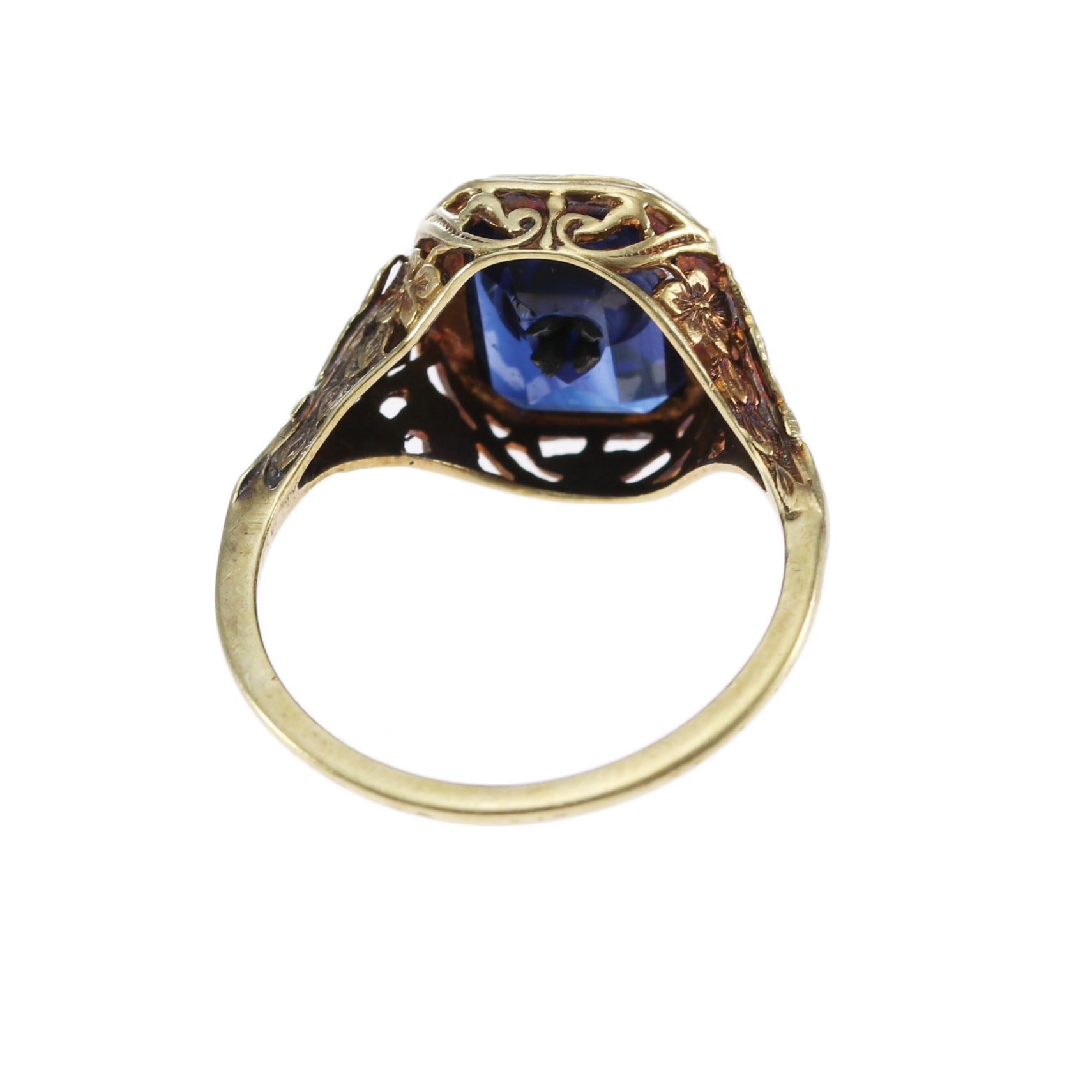 Diamond Synthetic Sapphire Ring 14k Yellow Gold Filigree 1940s Antique Art Deco