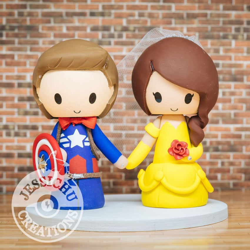 Captain America Groom Belle Bride Marvel X Disney Beauty And The Beast Inspired Wedding Cake Topper Wedding Cake Toppers Jessichu Creations