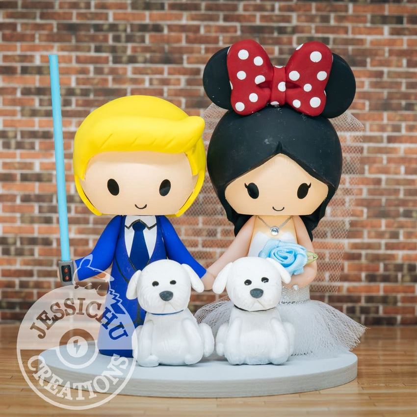 Handsome Jedi Groom and Minnie Mouse Bride Wedding Cake Topper | Star Wars x Disney | Jessichu Creations