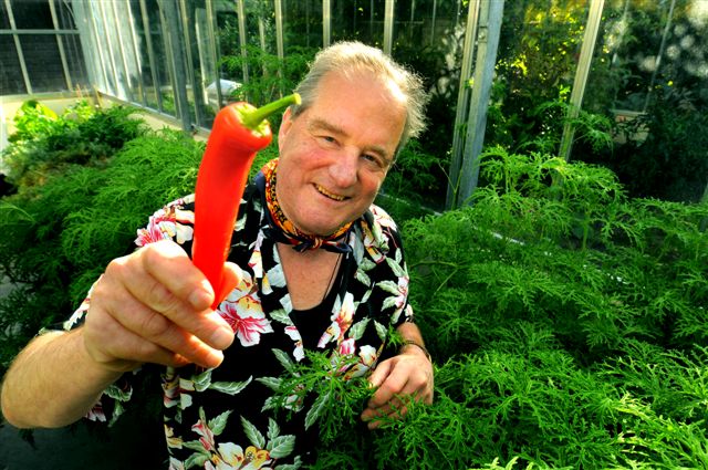 Image of Martin Parsons holding a pepper in his garden.