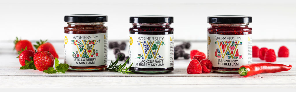Womersley Foods Luxury Jam range with Strawberry & Mint Jam, Raspberry & Chilli Jam and Blackcurrant & Rosemary Jam.