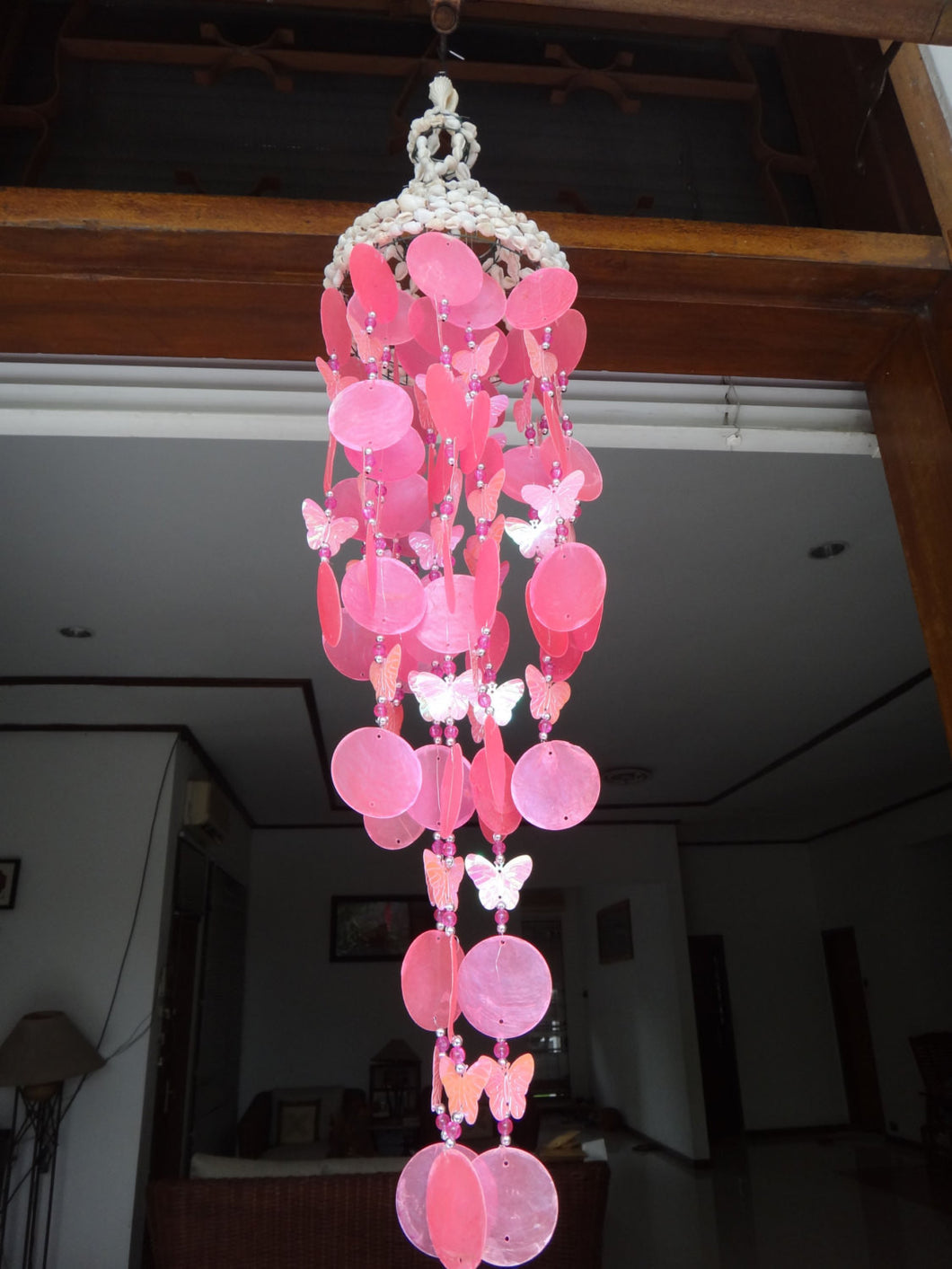 pink capiz chandelier